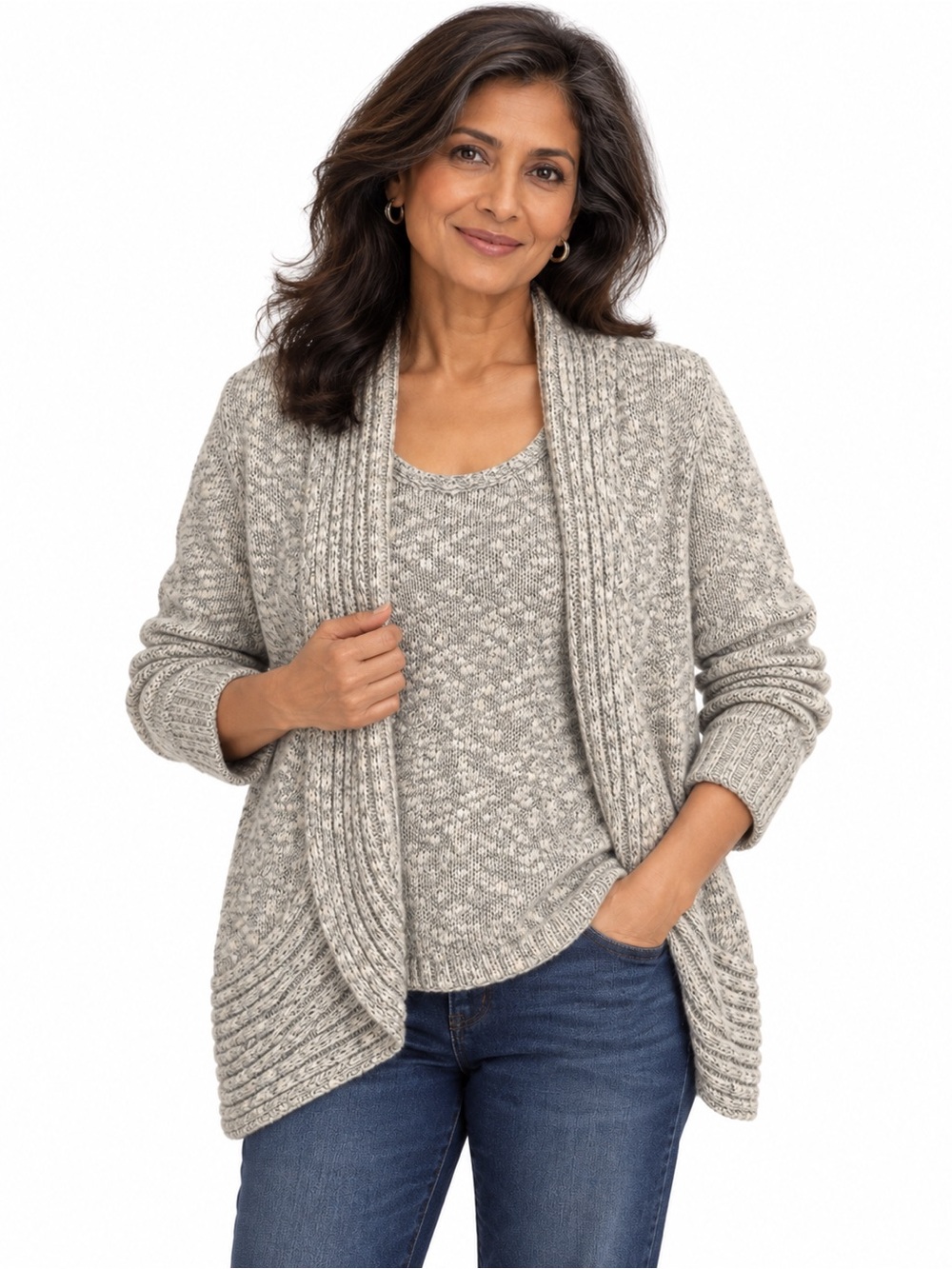 Chico’s Metallic Knit Twin Set Cardigan & Shell Gray Silver Shimmer Size 2